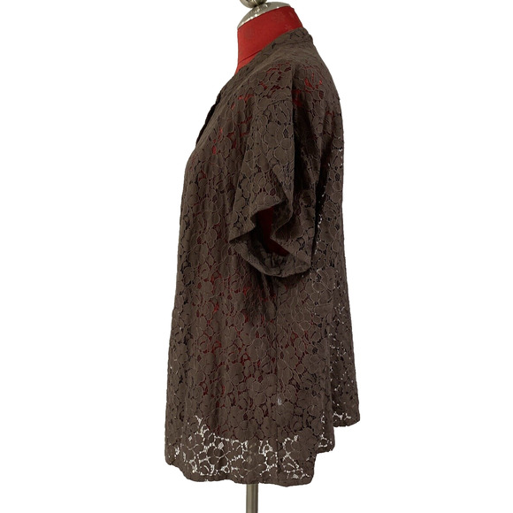 Michael Kors Plus Size Blouse Brown Lace Button Front Top Short Sleeves 3X - Picture 5 of 12
